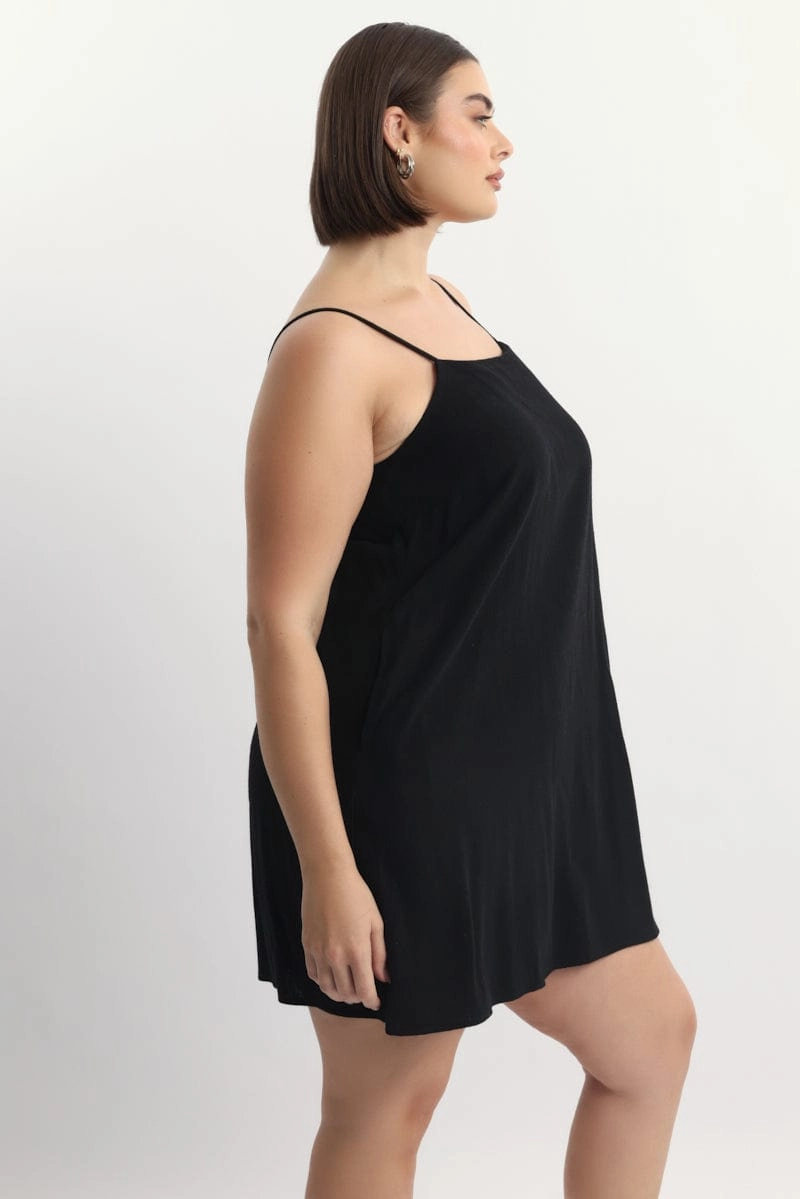 Art Inspired Black Square Neck Shoestring Strap Shift Mini Dress