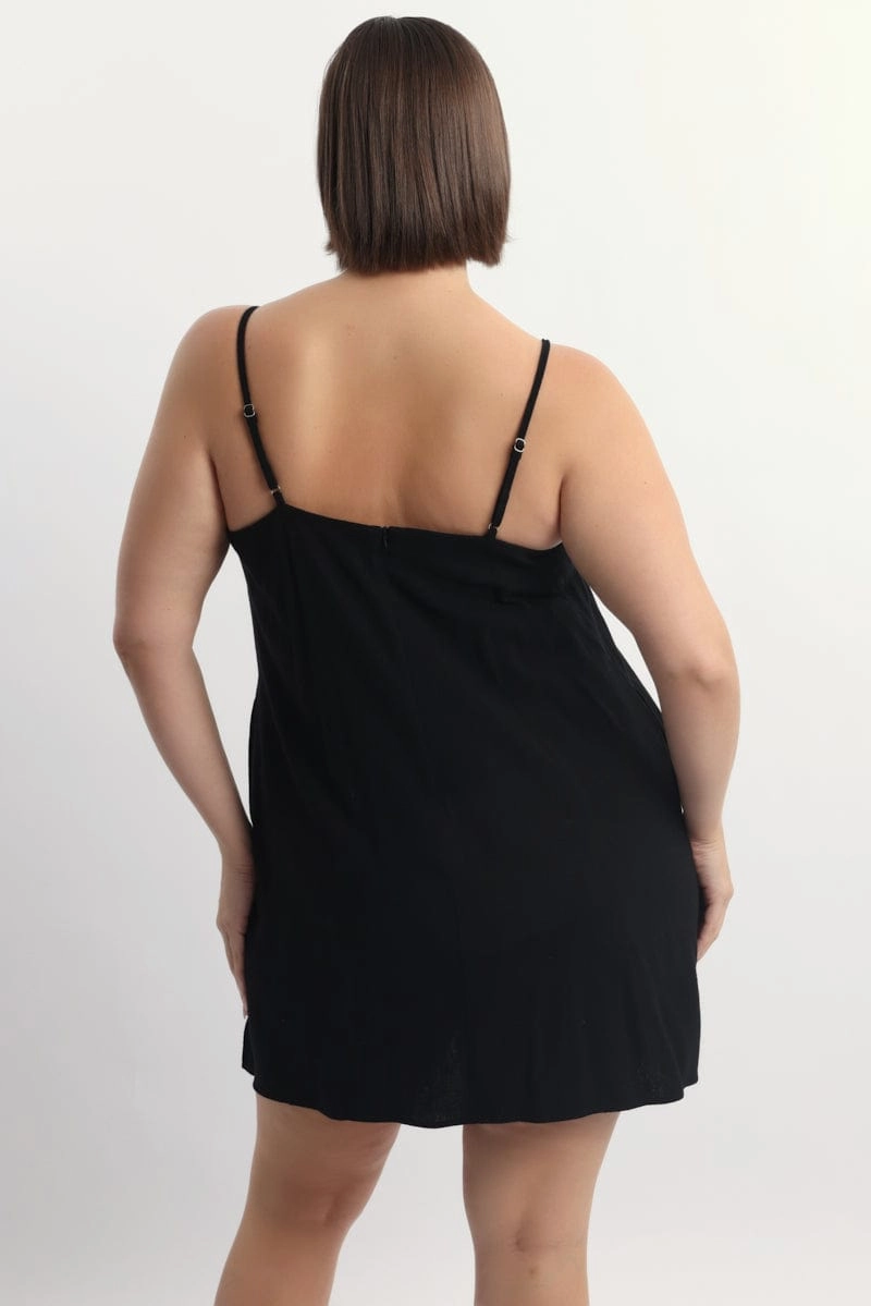 Black Square Neck Shoestring Strap Shift Mini Dress Jewel-Tone Comfy Fit Wear