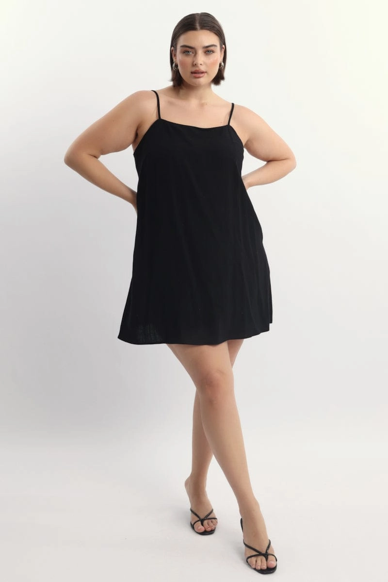 Casual Comfort Wear Black Square Neck Shoestring Strap Shift Mini Dress