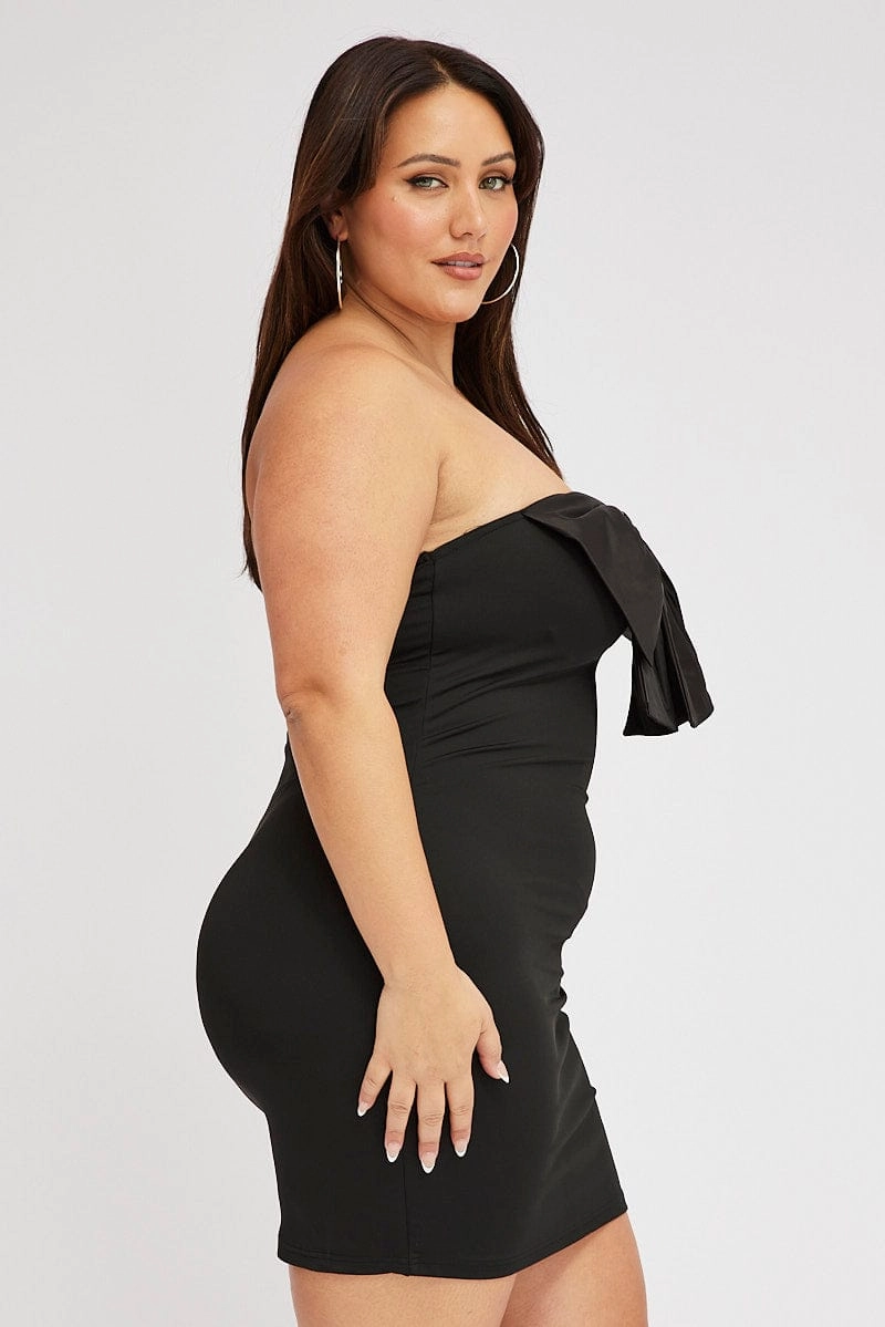 Black Strapless Bow Minidress With Gloves Sharp Look Mid Fit