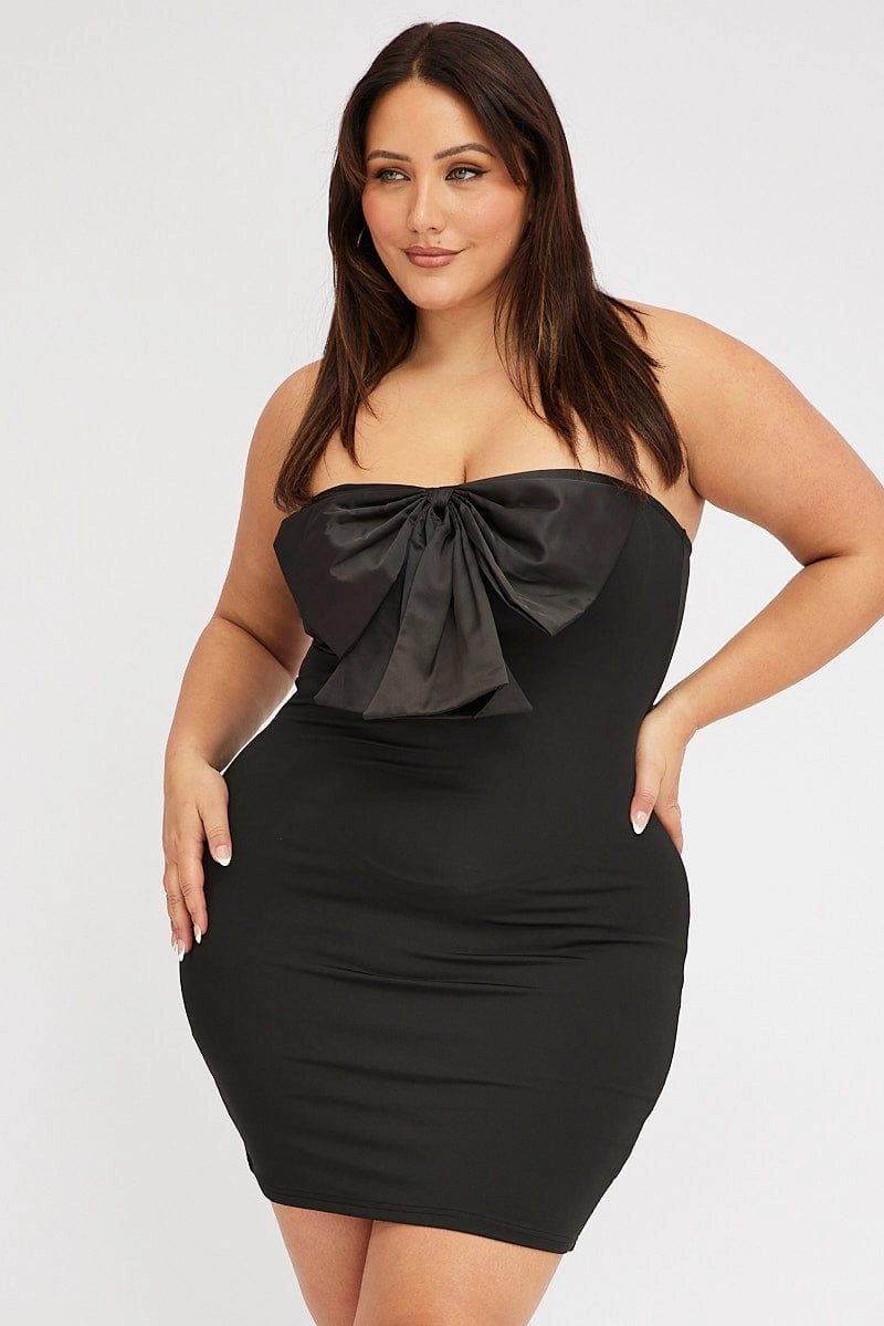 Black Strapless Bow Minidress With Gloves Stream Cut