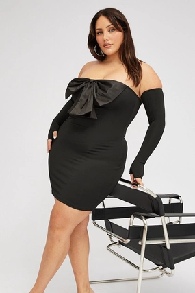 Smart Texture Youthful Mood Black Strapless Bow Minidress With Gloves