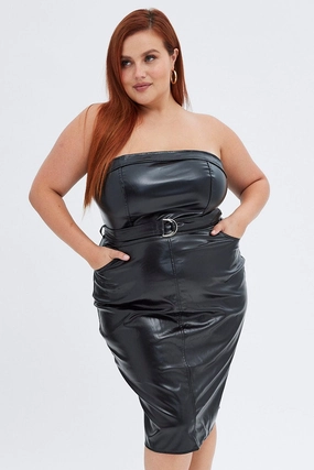 Black Strapless Dress Faux Leather Midi Length With Belt Comfort and Elegance Contrast-Lining
