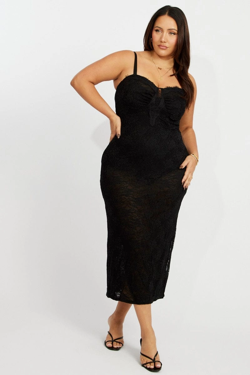 Movement Friendly Fall Mood Black Stretch Lace Shoestring Bodycon Maxi Dress