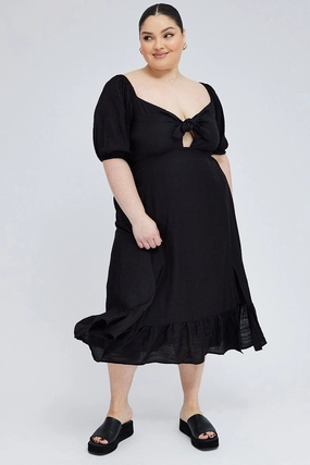 City Essential Cozy Wear Black Tie Front Midi Dress Short Puff Sleeve Split Front