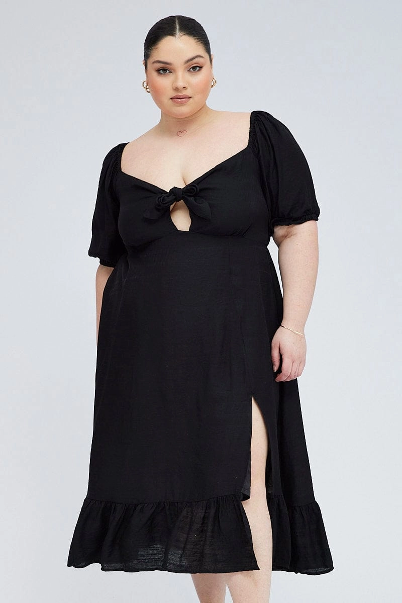 Black Tie Front Midi Dress Short Puff Sleeve Split Front Semi Formal Chic Tailoring Design