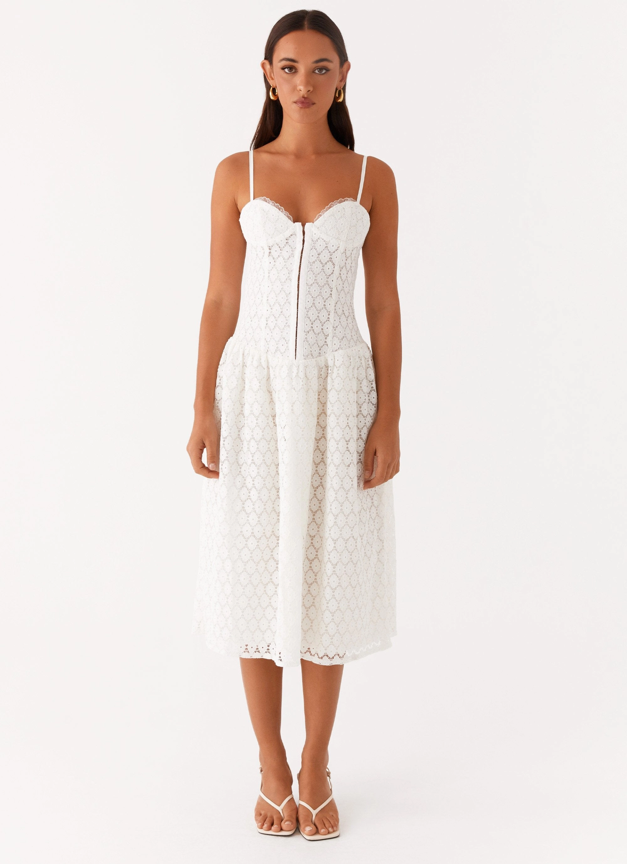 Flawless Waistband Fit Blooming Corset Midi Dress - White