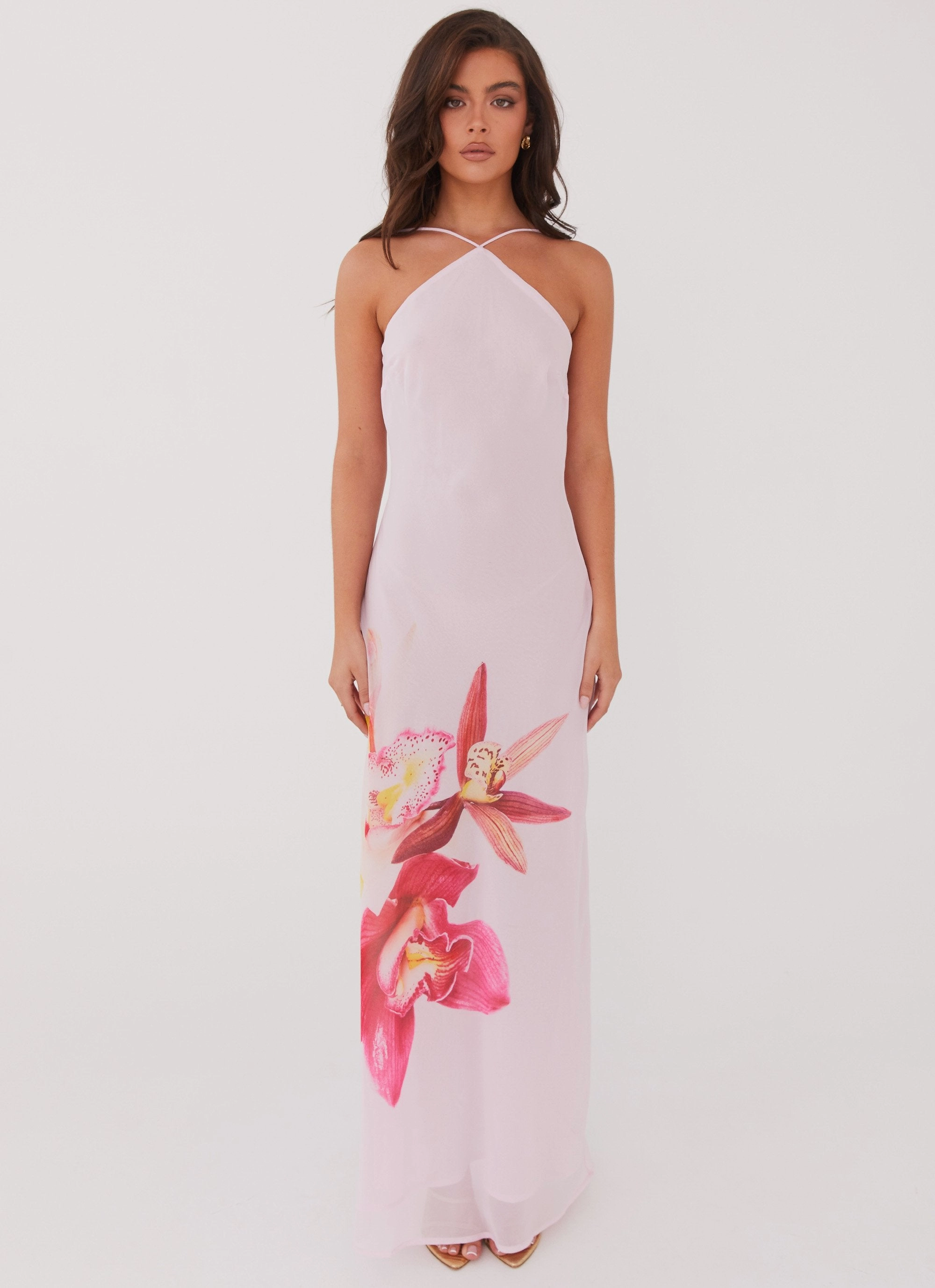 Sheer Light Blossom Hearts Maxi Dress - Pink Peony