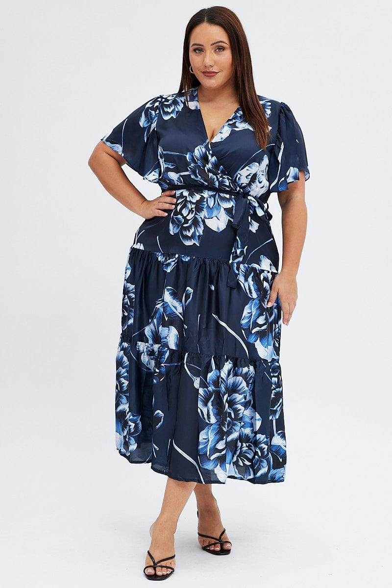 Blue Abstract Midi Dress Cross Front Flare Sleeve Satin Romantic Hour