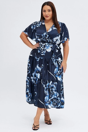 Blue Abstract Midi Dress Cross Front Flare Sleeve Satin Romantic Hour