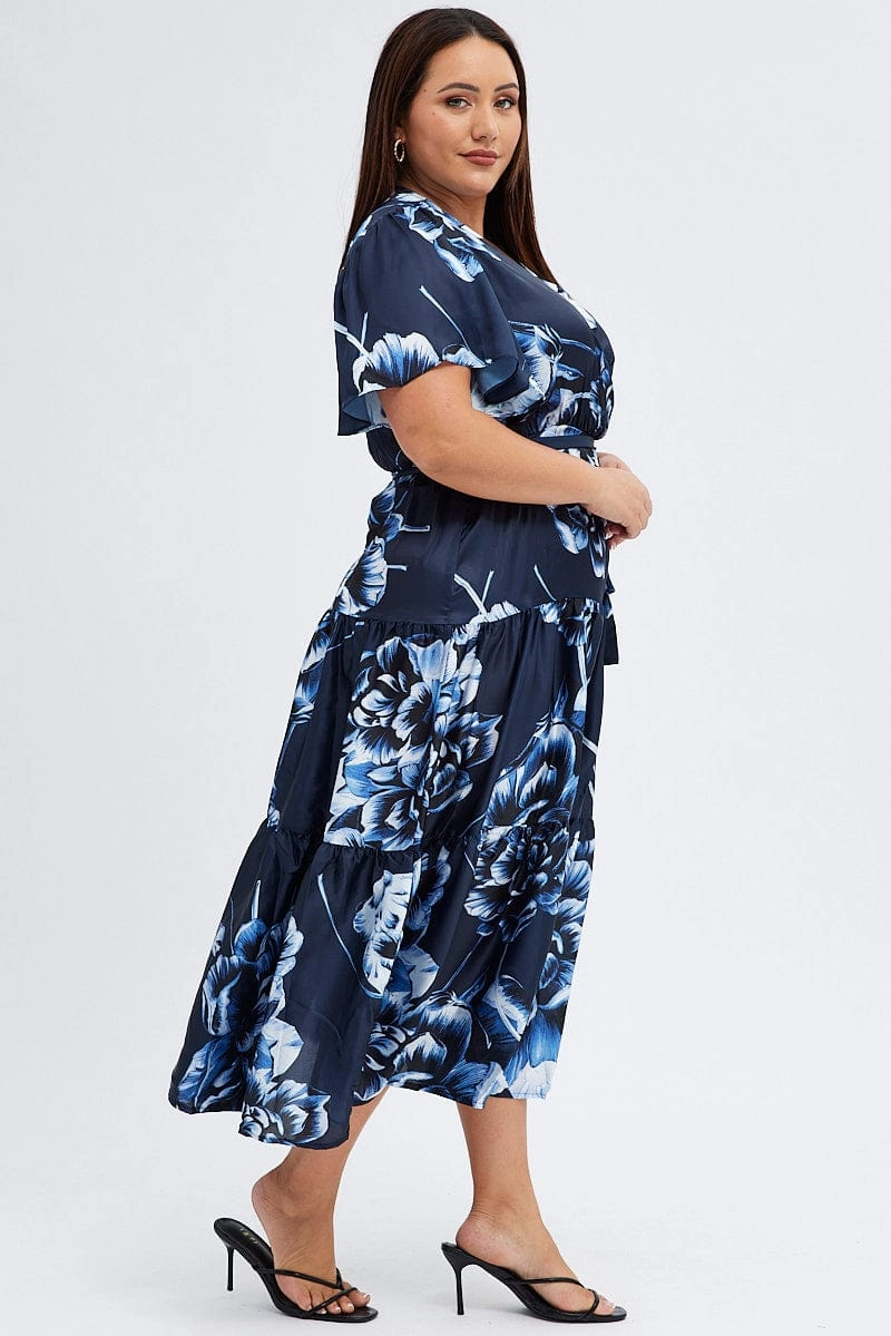 Breathable Layering Romantic dinner wear Blue Abstract Midi Dress Cross Front Flare Sleeve Satin