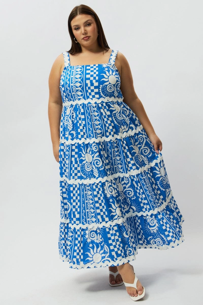 Blue Abstract Midi Dress Sleeveless Tiered Ric Rac Linen Blend Fresh Texture Smart Detail