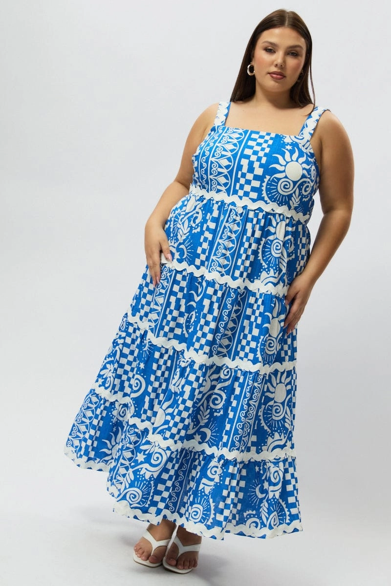 Back-Zip Subtle Comfort Blue Abstract Midi Dress Sleeveless Tiered Ric Rac Linen Blend