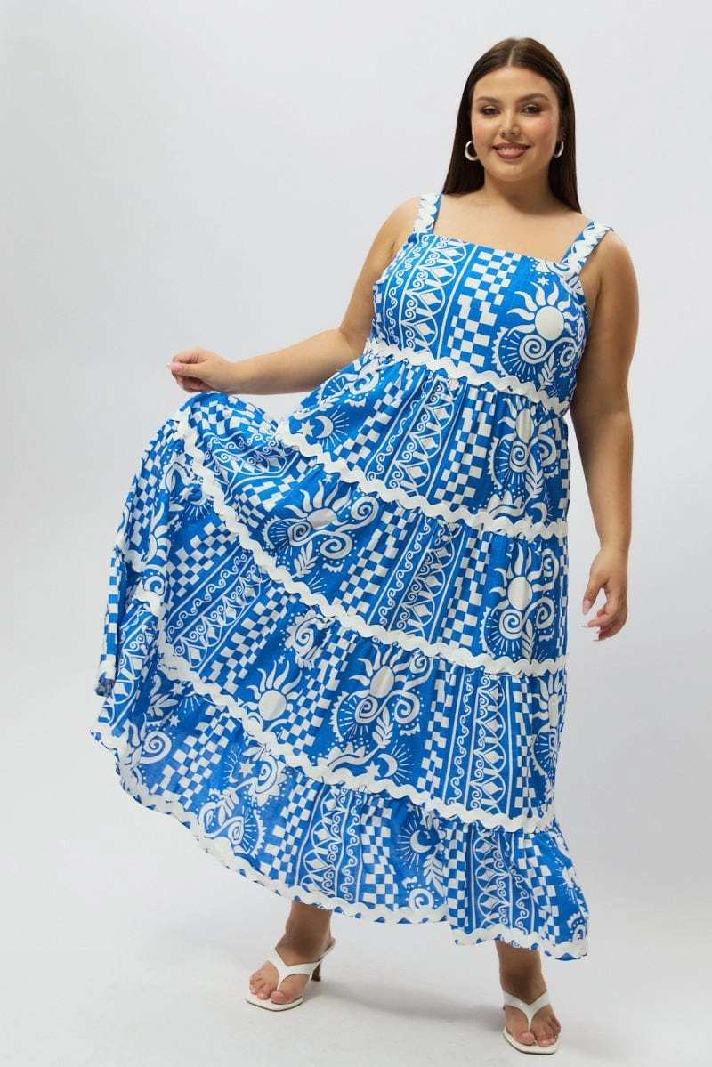 Fresh Stitch Blue Abstract Midi Dress Sleeveless Tiered Ric Rac Linen Blend