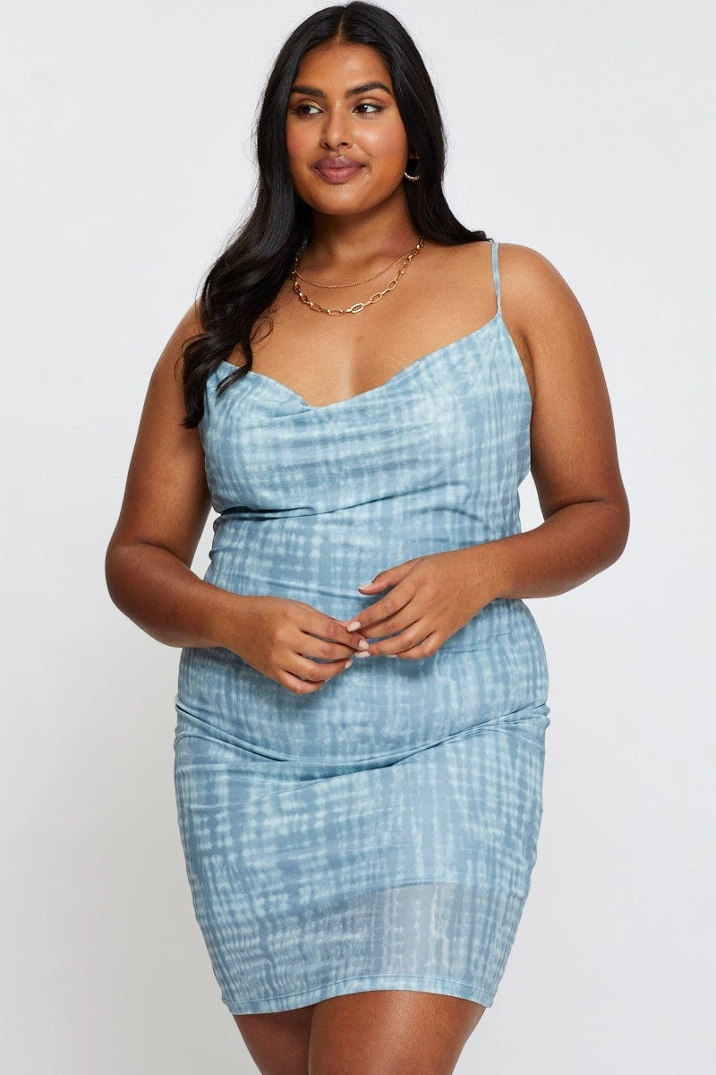 Resort Vibes Blush Glow Blue Abstract Print Bodycon Dress Scoop Neck Sleeveless Mini