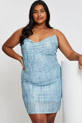 Unlined Look Blue Abstract Print Bodycon Dress Scoop Neck Sleeveless Mini