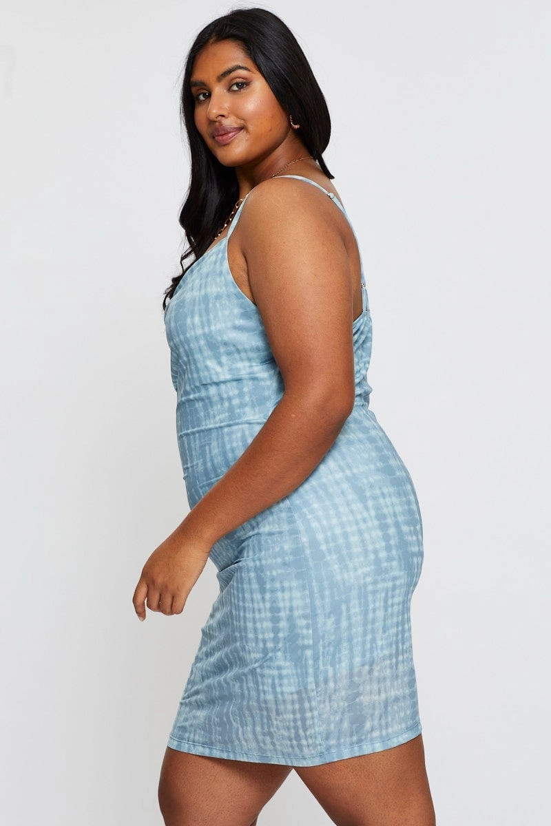 Zip Closure Luxury Feel Blue Abstract Print Bodycon Dress Scoop Neck Sleeveless Mini