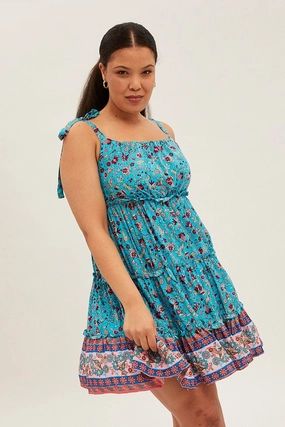 Blue Boho Mini Dress Sleeveless Round Neck Skater Statement Neck Smart Layer Wear