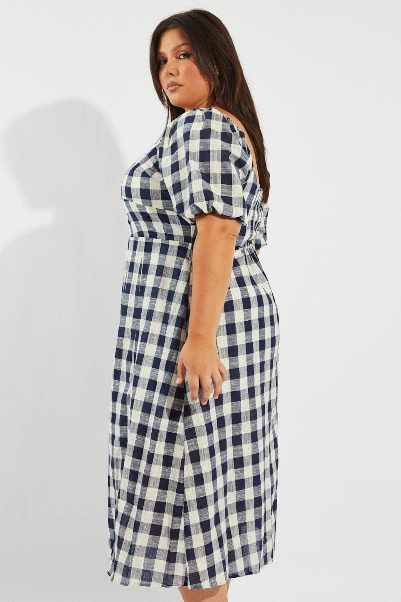 Vibrant pattern Flare Hem Blue Check Midi Dress With Split And Puff Sleeves