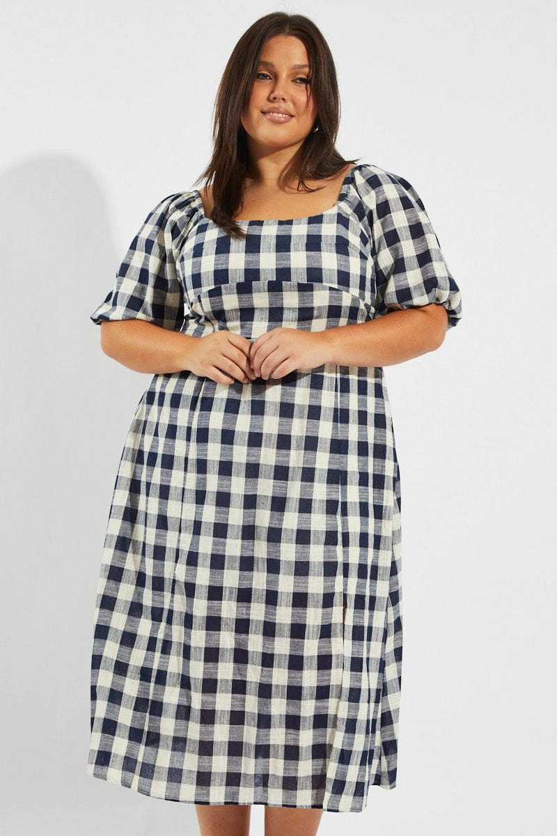 Travel Vibe Blue Check Midi Dress With Split And Puff Sleeves