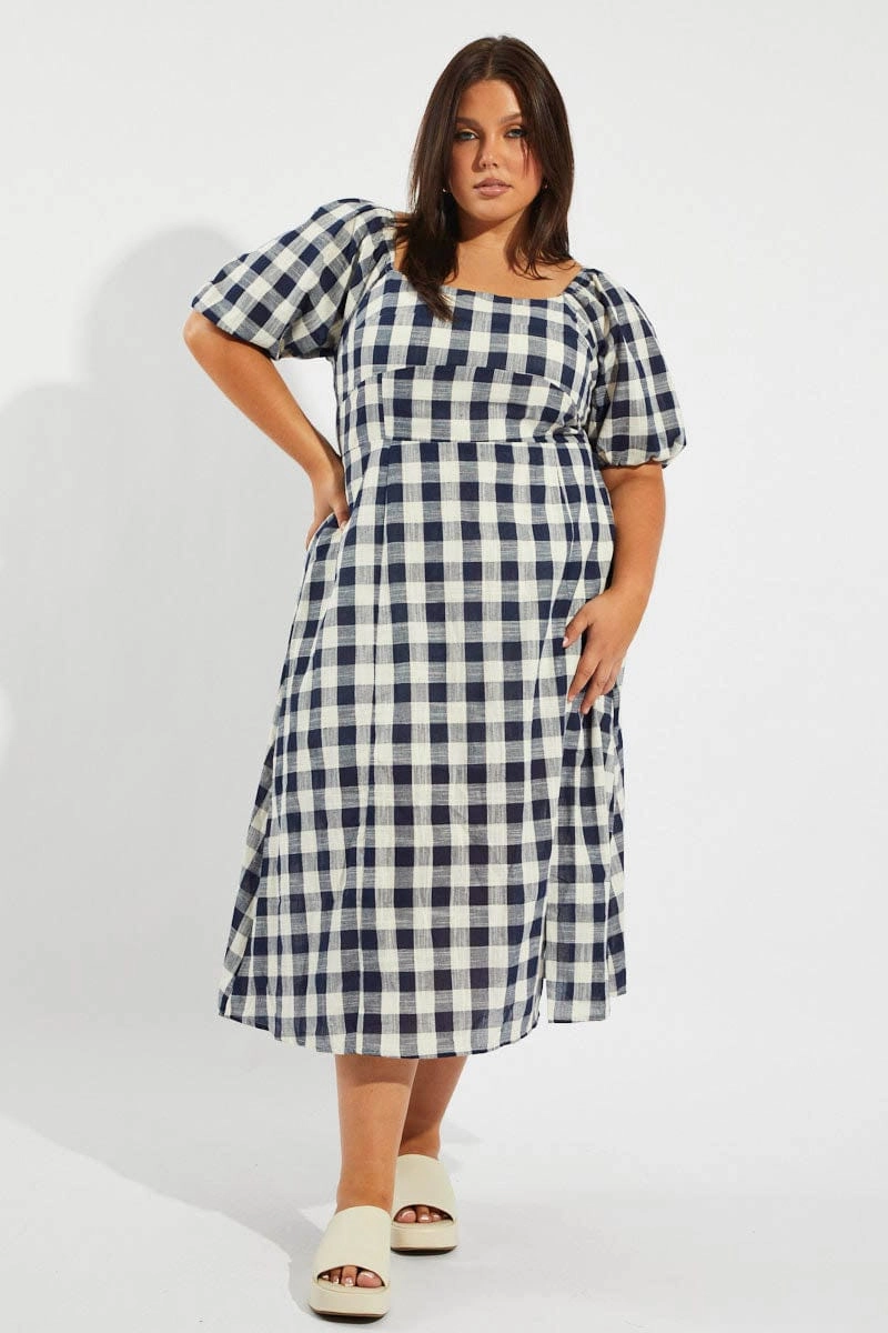 Happy Soul Timeless-Classic Blue Check Midi Dress With Split And Puff Sleeves