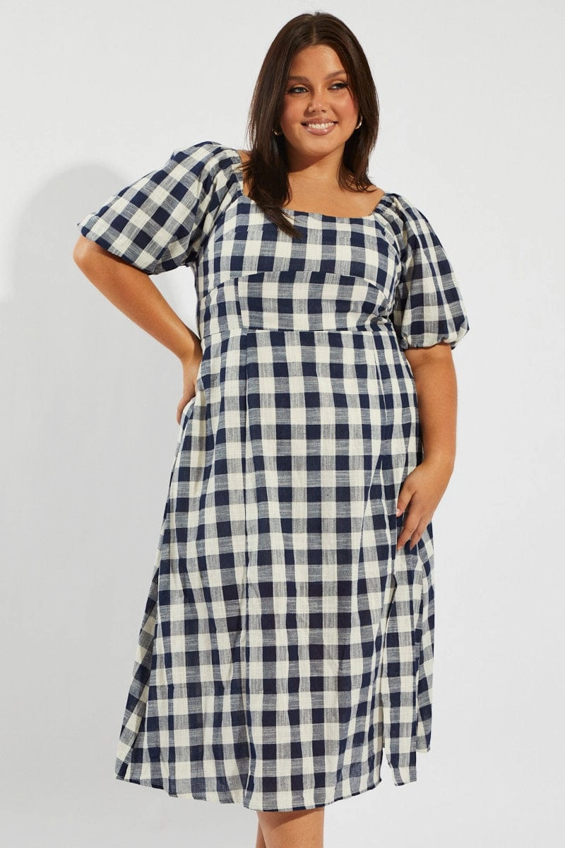 Gender Inclusive Sleek Touch Blue Check Midi Dress With Split And Puff Sleeves