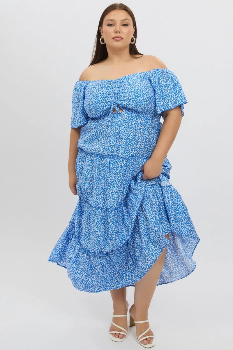 Pure Tone Blue Ditsy Maxi Dress Short Sleeve Ruched Bust Tiered