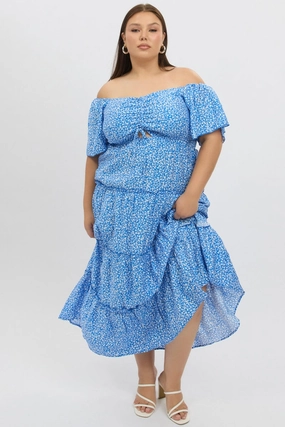 Pure Tone Blue Ditsy Maxi Dress Short Sleeve Ruched Bust Tiered