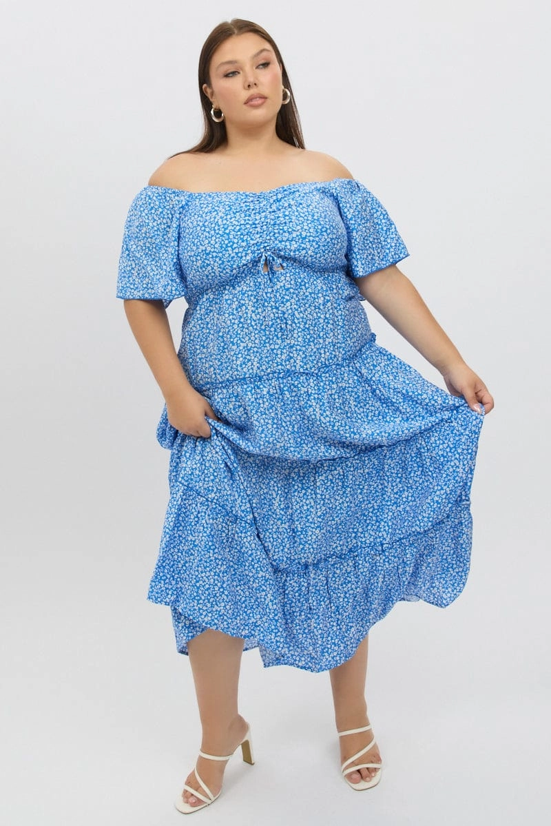 relaxed elegance Blue Ditsy Maxi Dress Short Sleeve Ruched Bust Tiered
