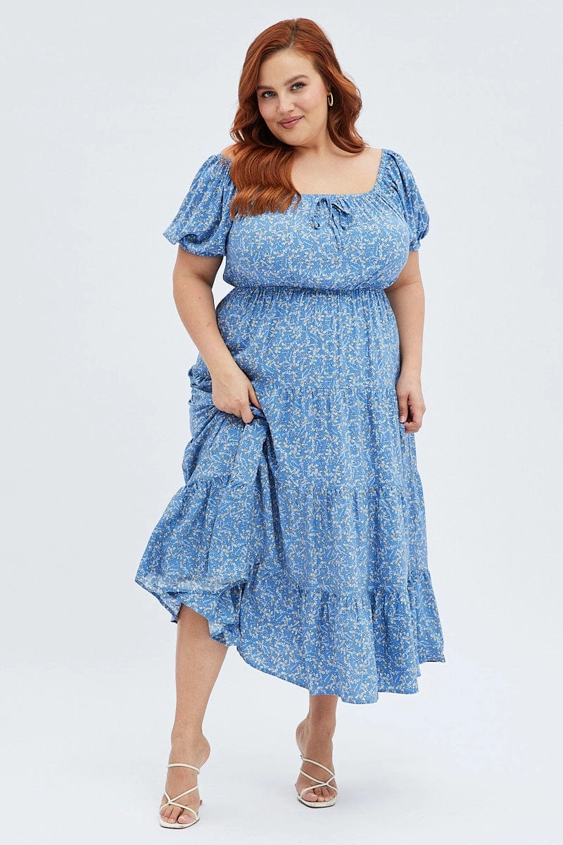 Blue Ditsy Midi Dress Off Shoulder Tie Front Layered Skirt Smart Waistband Design