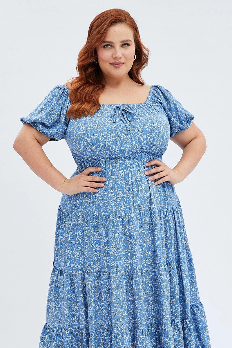 Sleek Layer Flowing Fit Blue Ditsy Midi Dress Off Shoulder Tie Front Layered Skirt