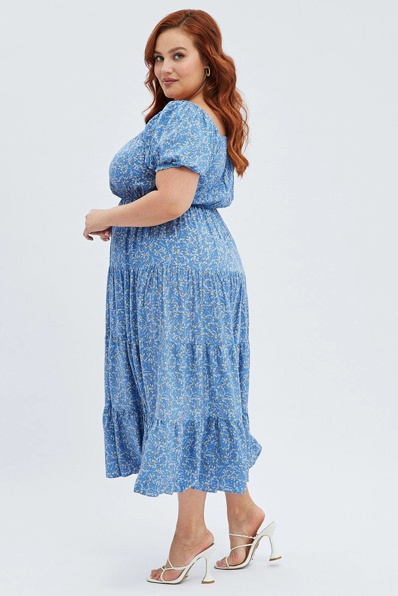 Full Coverage Blue Ditsy Midi Dress Off Shoulder Tie Front Layered Skirt