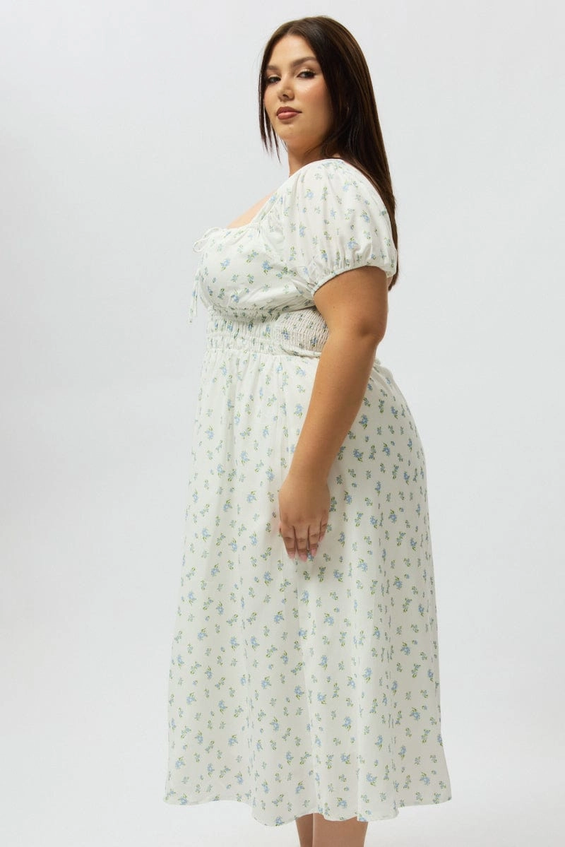 Blue Ditsy Midi Dress Short Sleeve Ruched Bust Elegant Waist V Neckline