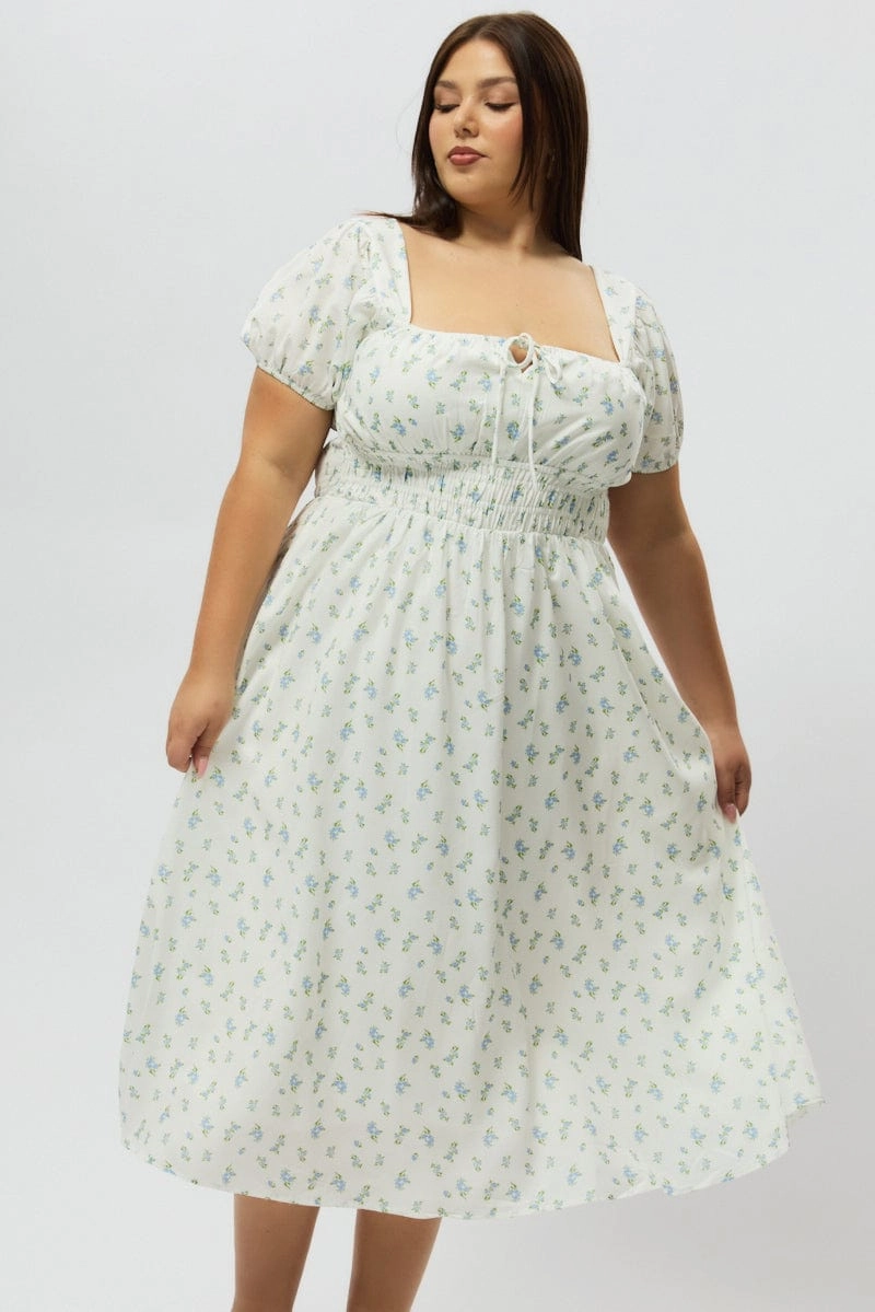 Blue Ditsy Midi Dress Short Sleeve Ruched Bust Comfortable Waist Work Comfort