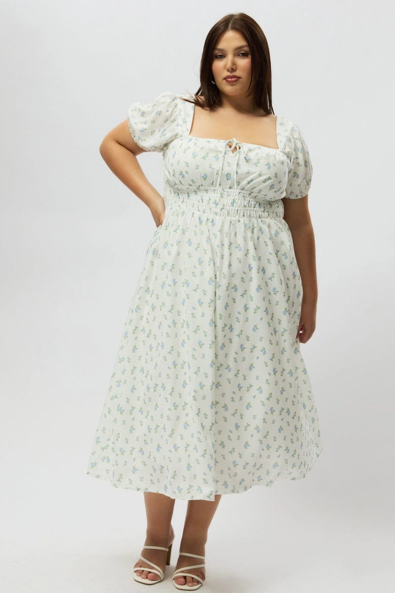 Peplum-Style Everyday Look Blue Ditsy Midi Dress Short Sleeve Ruched Bust