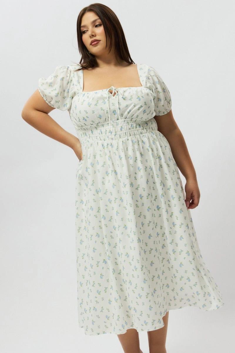 Blue Ditsy Midi Dress Short Sleeve Ruched Bust Fashionable Touch