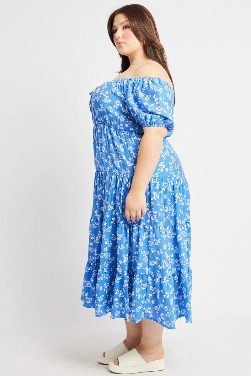 Lightweight Comfort Blue Ditsy Midi Dress Short Sleeve Tiered