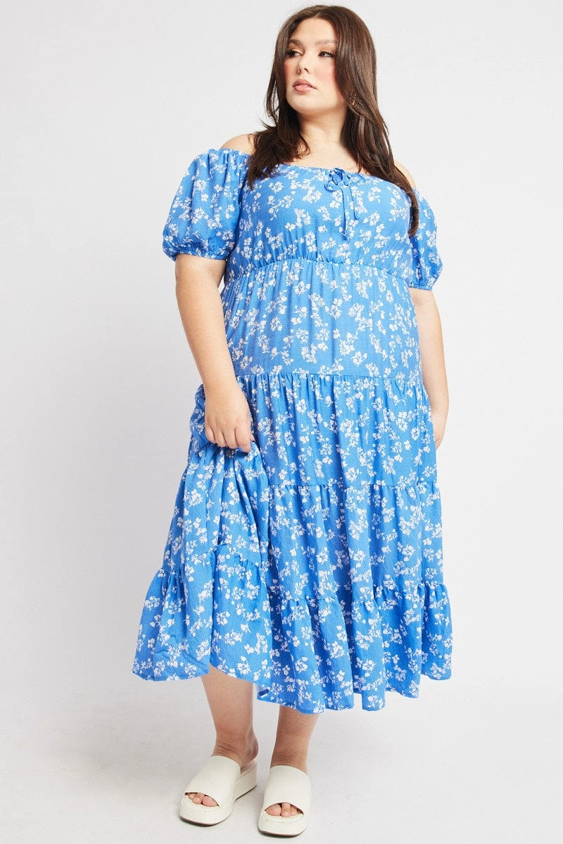 Ceremony Ready Blue Ditsy Midi Dress Short Sleeve Tiered