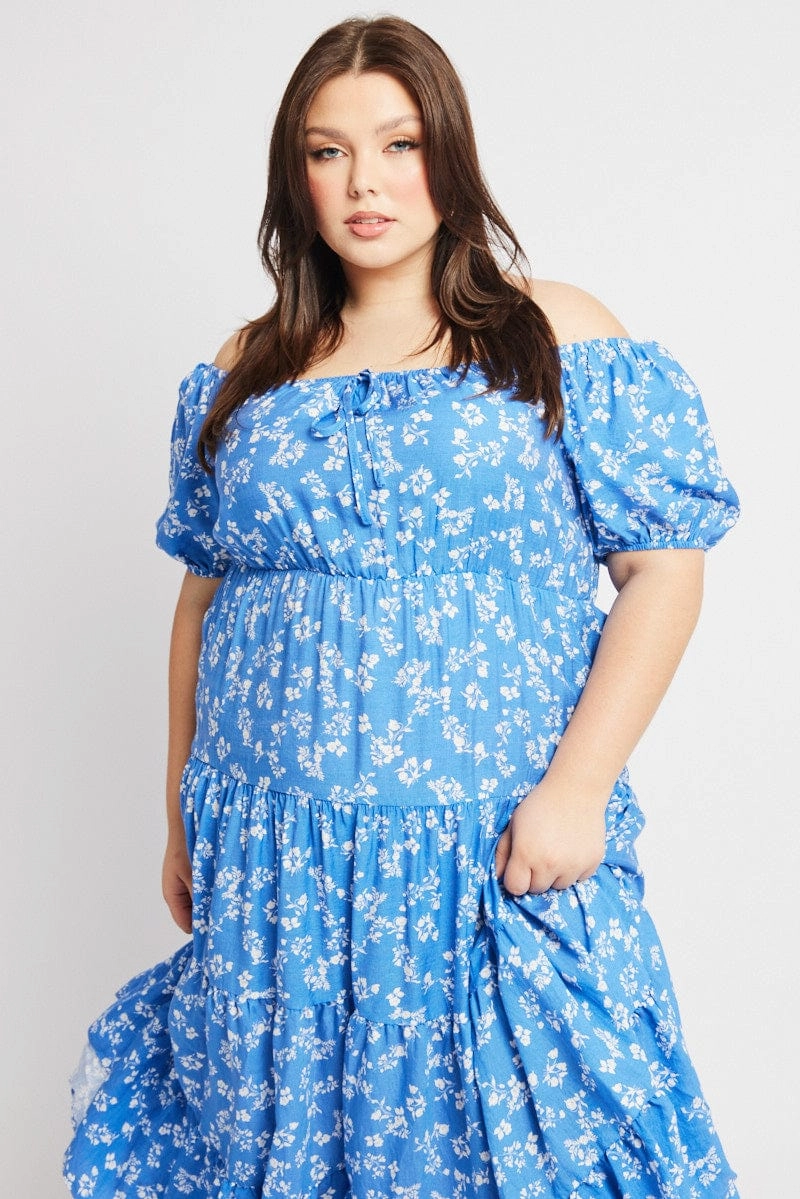 Textured Look Blue Ditsy Midi Dress Short Sleeve Tiered