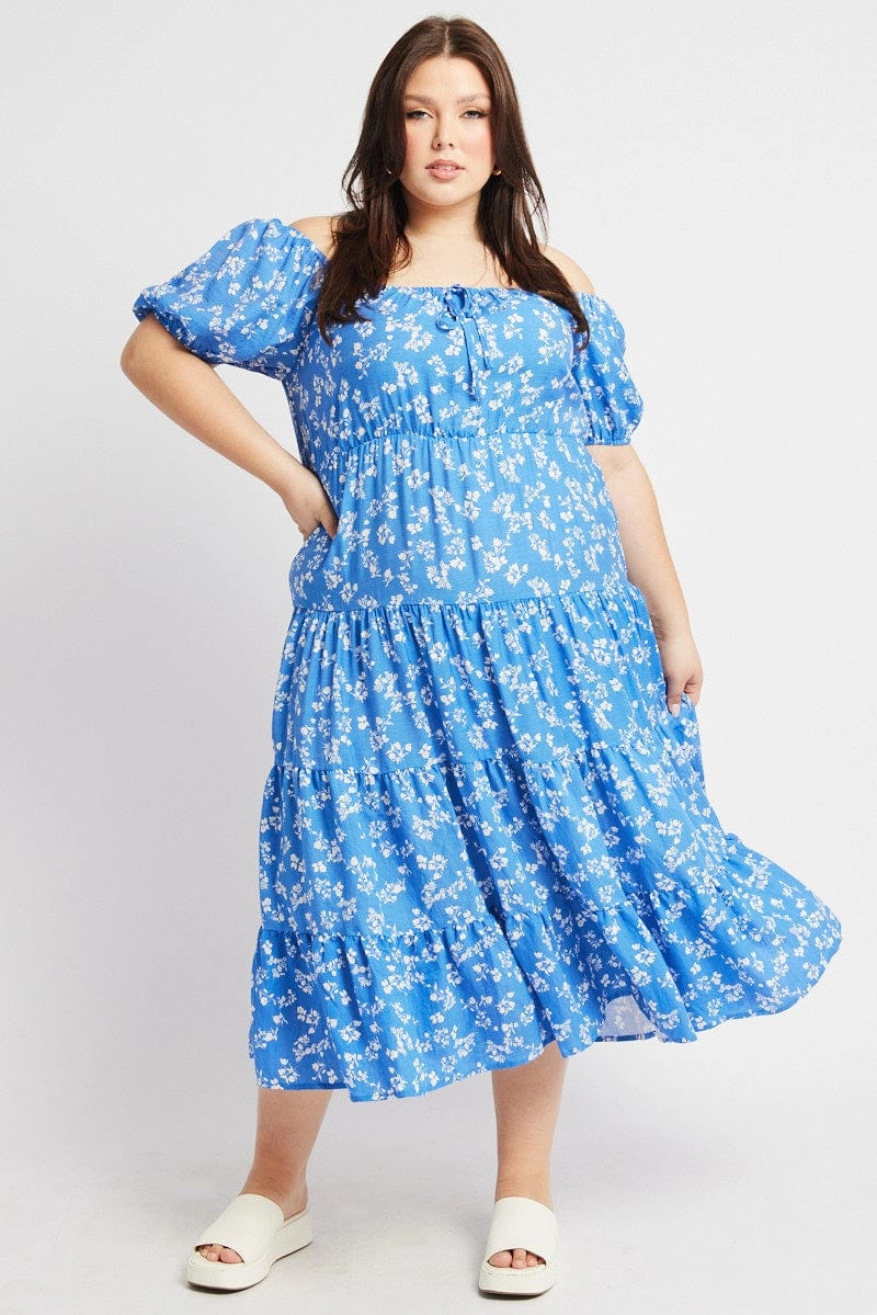 Youthful Look Sophisticated Layers Blue Ditsy Midi Dress Short Sleeve Tiered