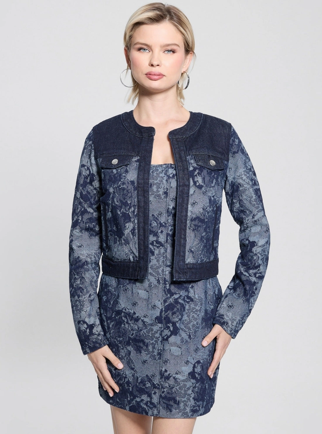 Blue Finley Jacquard Denim Jacket Effortless Layer Compact Fit Look