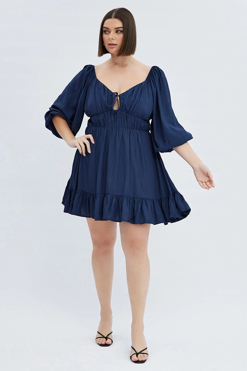 Embroidered-Detail Blue Fit And Flare Dress 3/4 Sleeve Tiered Cut Out