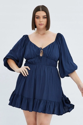 Layered Fabric Blue Fit And Flare Dress 3/4 Sleeve Tiered Cut Out