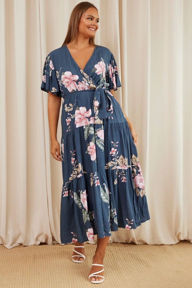 Sleek Outline Silky Drape Blue Floral Maxi Dress Short Sleeve Wrap Front Tiered