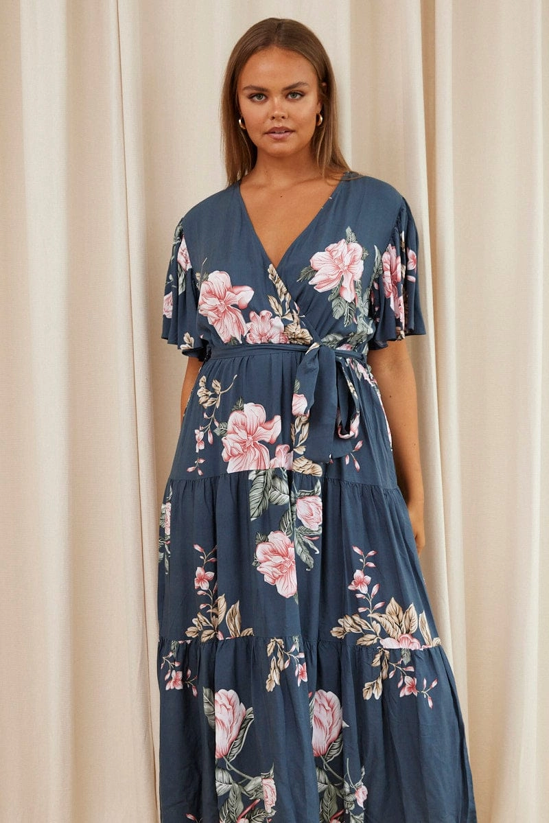 Blue Floral Maxi Dress Short Sleeve Wrap Front Tiered Insulating-Lining