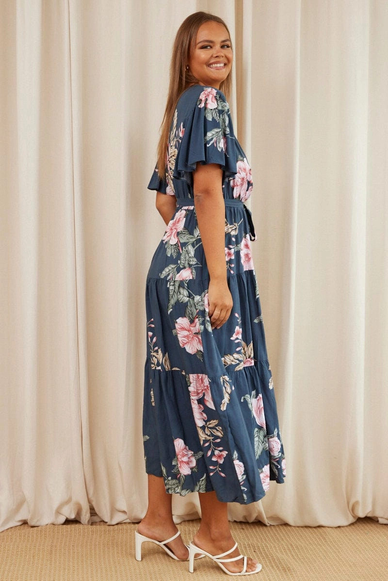 Flow Friendly Blue Floral Maxi Dress Short Sleeve Wrap Front Tiered
