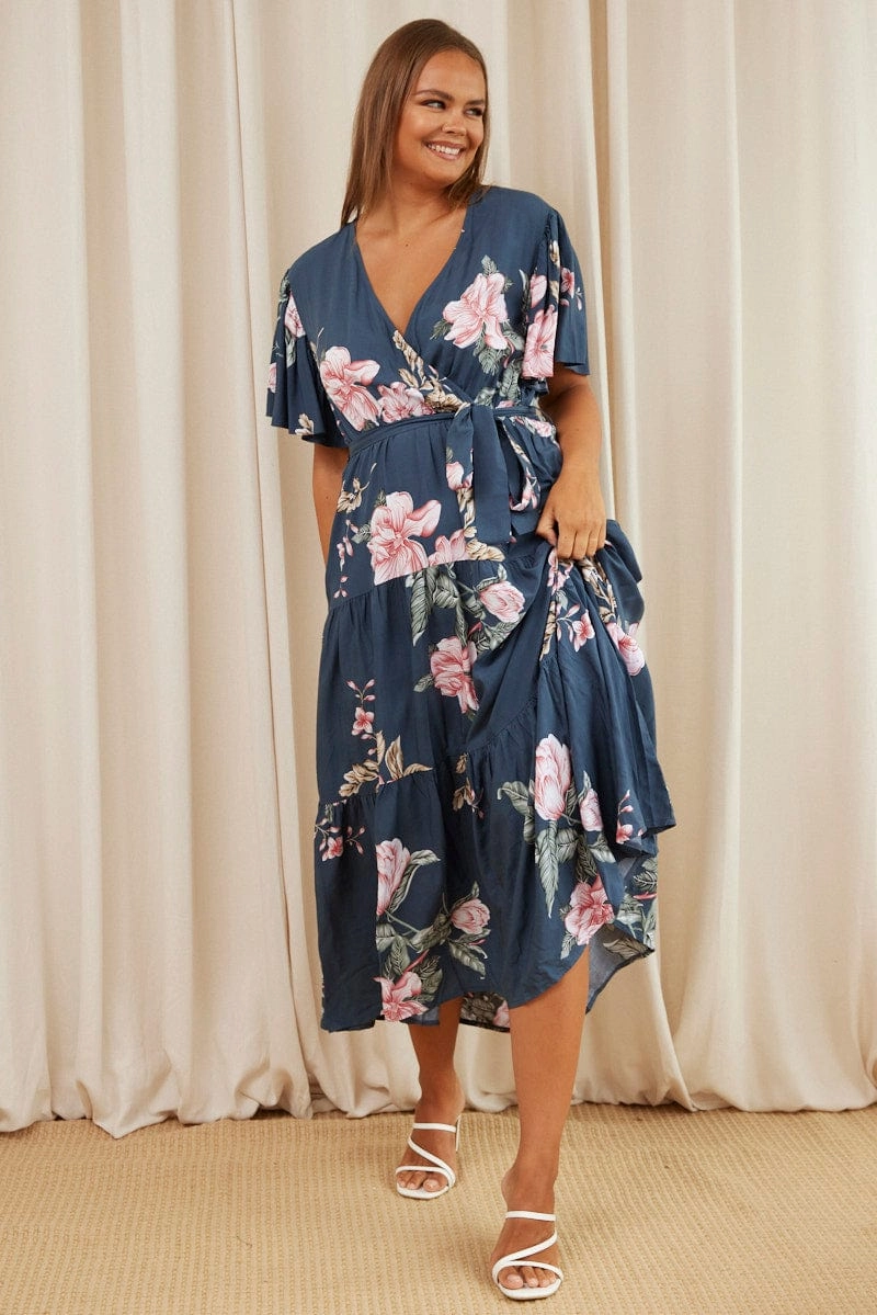 Knot-Detail Mix-And-Match Blue Floral Maxi Dress Short Sleeve Wrap Front Tiered
