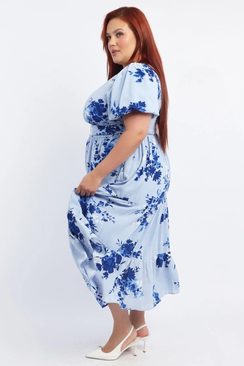 Blue Floral Midi Dress Puff Sleeve Cut Out Tiered Chic Direction Pleated design