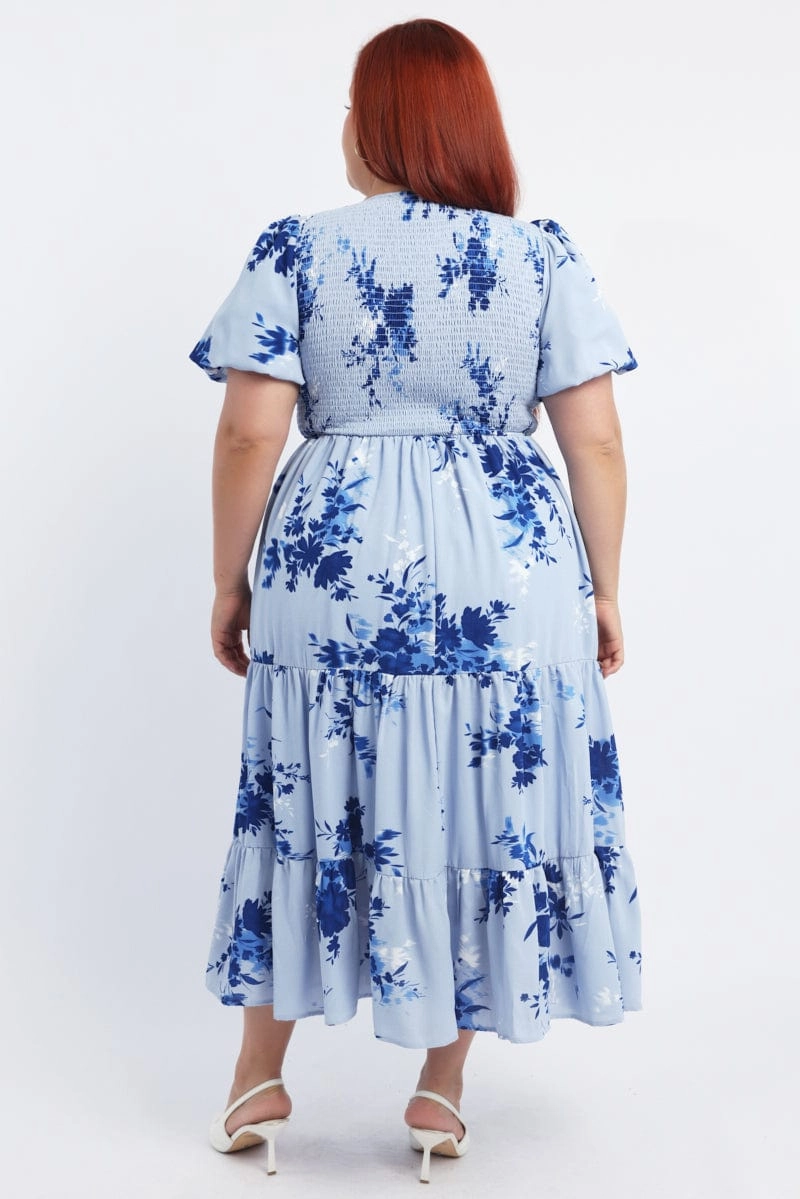 Unique Print Blue Floral Midi Dress Puff Sleeve Cut Out Tiered