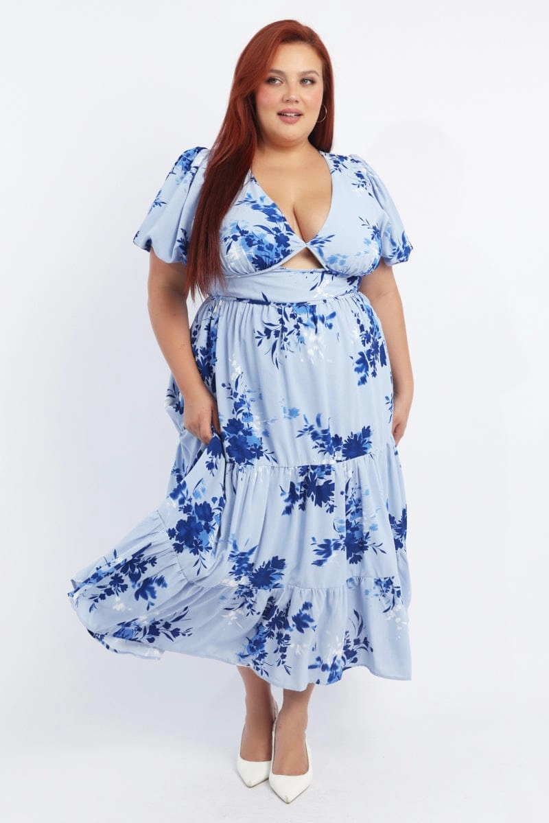 Blue Floral Midi Dress Puff Sleeve Cut Out Tiered Embroidered-Detail